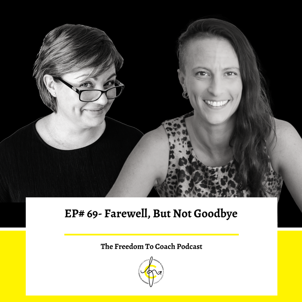 This is a close-up of two women smiling in black and white for the podcast cover image of Episode 69.